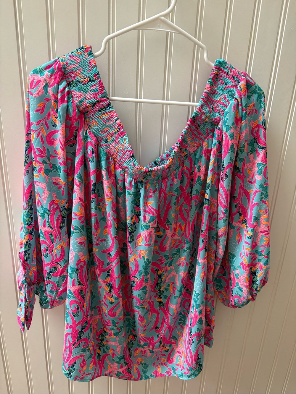 Womens Off-Shoulder Lilly Seaweed Sambra Blouse in Teal and Pink